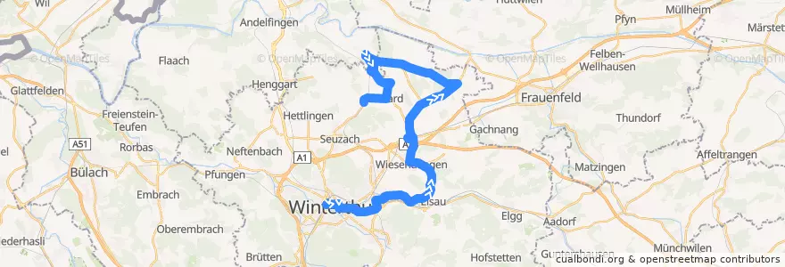 Mapa del recorrido Bus N61: Winterthur Hauptbahnhof → Welsikon de la línea  en Bezirk Winterthur.
