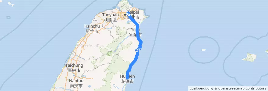 Mapa del recorrido 1663 南港→國道5號→花蓮市 de la línea  en Taiwán.