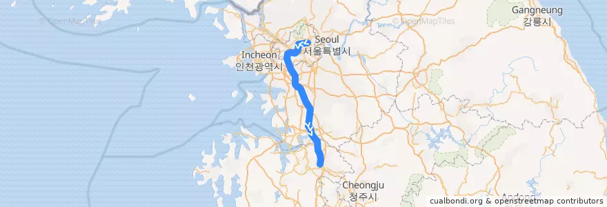 Mapa del recorrido 수도권 전철 1호선 경부·장항 계통: 청량리 → 천안 급행 de la línea  en كوريا الجنوبية.