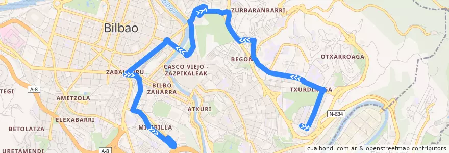 Mapa del recorrido 30 Txurdinaga → Miribilla de la línea  en Бильбао.
