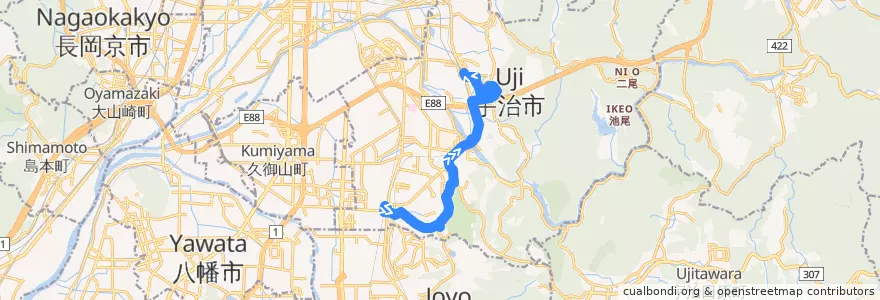 Mapa del recorrido 京都京阪バス250A 近鉄大久保-->JR黄檗駅 de la línea  en 宇治市.