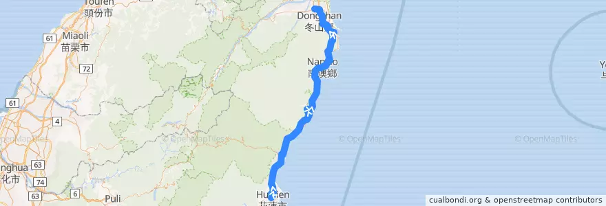 Mapa del recorrido 201 花蓮火車站→蘇澳轉運站(經東澳火車站)→羅東轉運站 de la línea  en Provincia di Taiwan.