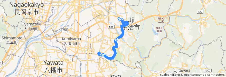 Mapa del recorrido 京都京阪バス250A JR黄檗駅-->近鉄大久保 de la línea  en 宇治市.