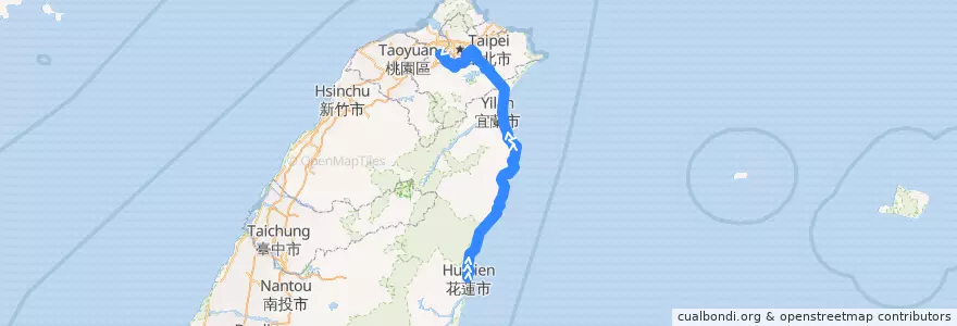 Mapa del recorrido 1580 花蓮市→國道5號→板橋 de la línea  en تايوان.