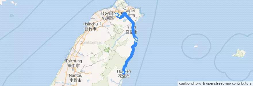 Mapa del recorrido 1580 板橋→國道5號→花蓮市 de la línea  en Тайвань.