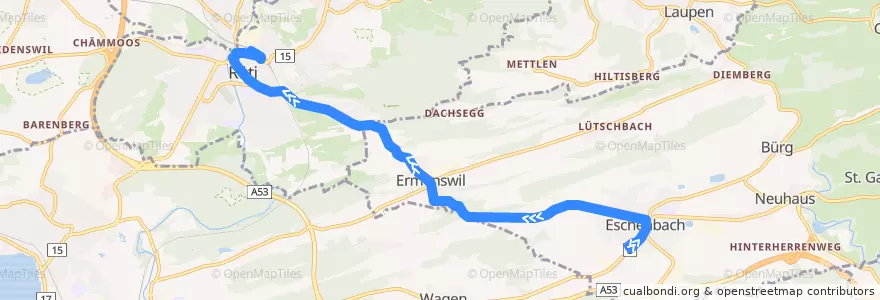 Mapa del recorrido Bus 631: Eschenbach SG, Dorftreff => Rüti ZH, Bahnhof de la línea  en Schweiz/Suisse/Svizzera/Svizra.