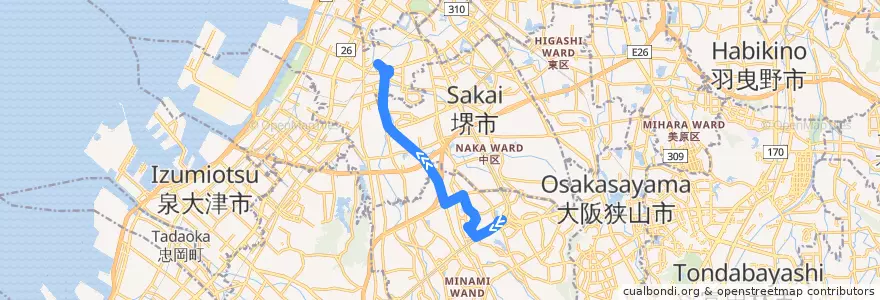Mapa del recorrido 212V: 泉ヶ丘駅-津久野駅前 de la línea  en Sakai.