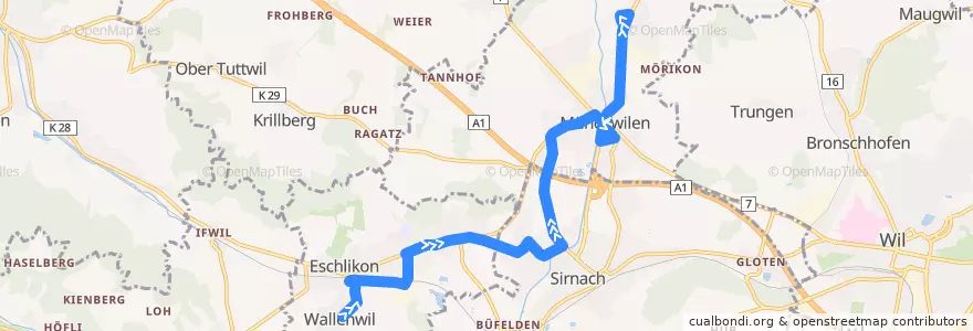 Mapa del recorrido Bus 736: Wallenwil, Schulhaus => St. Margarethen, Dorf de la línea  en Bezirk Münchwilen.