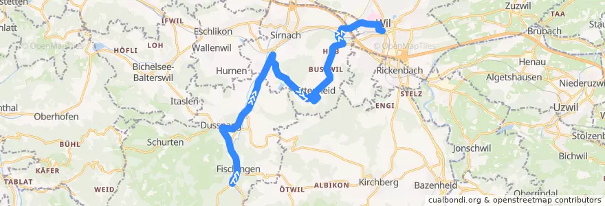 Mapa del recorrido Bus 733/734: Fischingen, Kloster => Littenheid, Klinik => Wil, Bahnhof de la línea  en Bezirk Münchwilen.