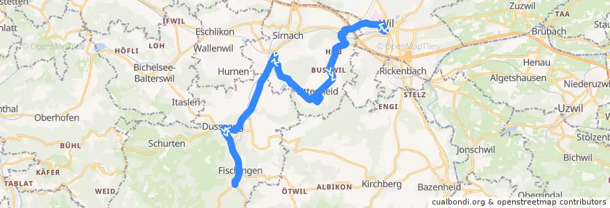 Mapa del recorrido Bus 733/734: Wil, Bahnhof => Littenheid, Klinik => Fischingen, Kloster de la línea  en Bezirk Münchwilen.