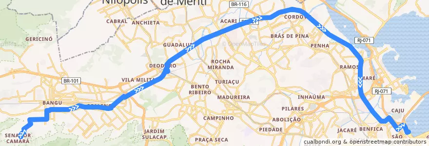 Mapa del recorrido Ônibus SP 393 - Bangu → Caju de la línea  en Rio de Janeiro.