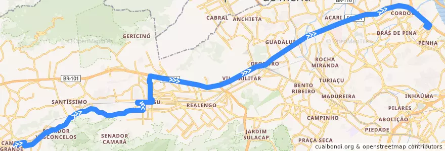 Mapa del recorrido Ônibus SPB 397 - Campo Grande → Penha de la línea  en Rio de Janeiro.