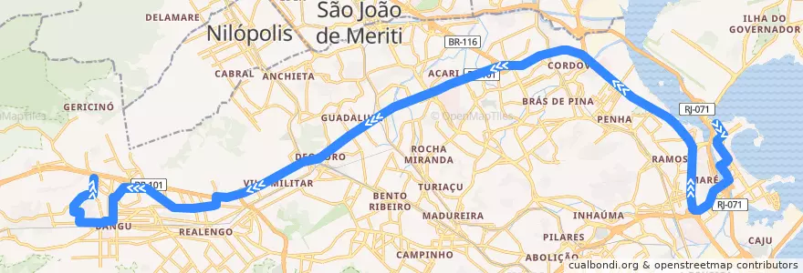 Mapa del recorrido Ônibus 933 - Cidade Universitária → Catiri de la línea  en Rio de Janeiro.