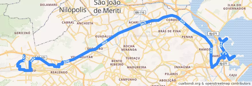 Mapa del recorrido Ônibus 933 - Catiri → Cidade Universitária de la línea  en Rio de Janeiro.