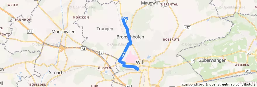 Mapa del recorrido Bus 705: Bronschhofen, Himmelrich => Wil, Bahnhof de la línea  en Wil (SG).