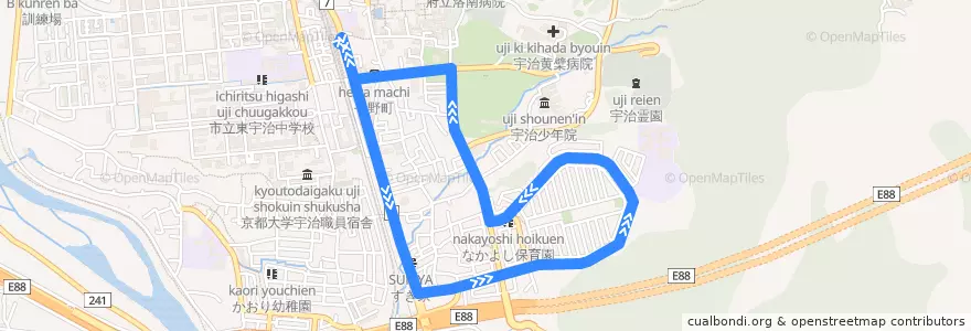 Mapa del recorrido 京都京阪バス109左回り JR黄檗駅-->隼上り-->平野町-->JR黄檗駅 de la línea  en Uji.