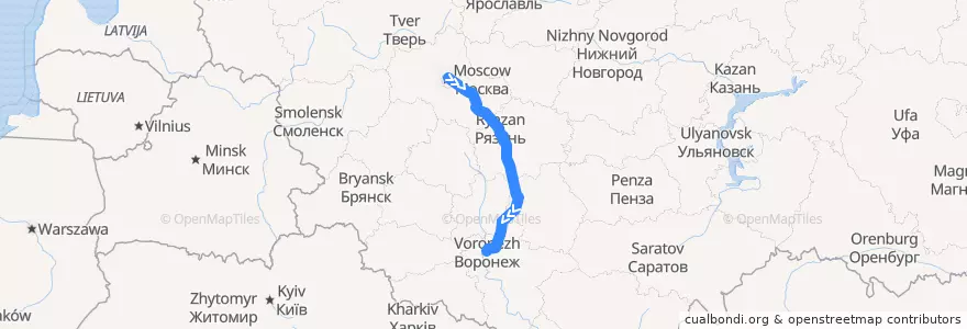 Mapa del recorrido Поезд № 740Ж: Москва — Воронеж de la línea  en Distretto Federale Centrale.