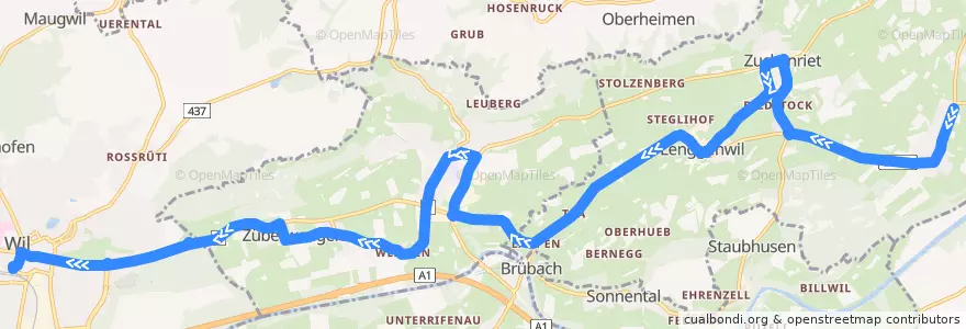 Mapa del recorrido Bus 725: Niederhelfenschwil, Neudorf => Wil SG, Bahnhof de la línea  en Wahlkreis Wil.