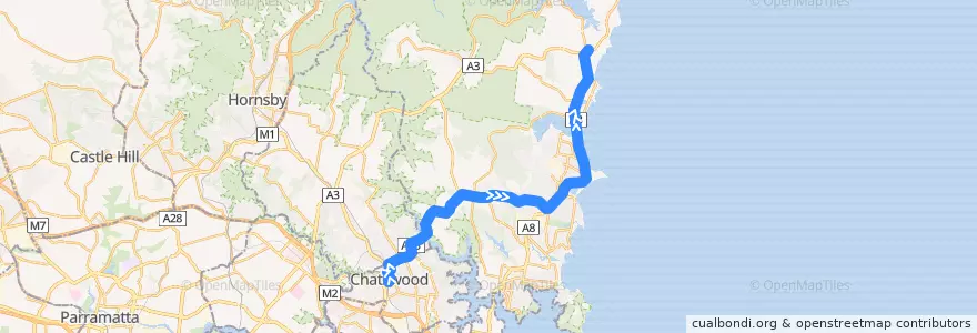 Mapa del recorrido Bus E60: Chatswood => Mona Vale de la línea  en Sydney.