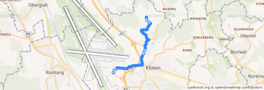 Mapa del recorrido Bus 734: Zürich Flughafen, Bahnhof -> Egetswil, Dorf de la línea  en Kloten.