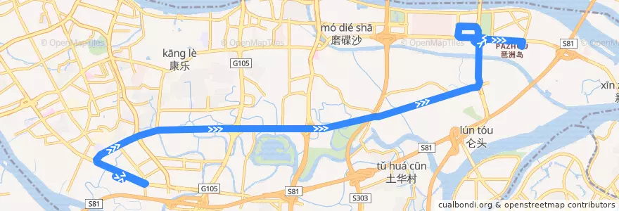 Mapa del recorrido 998路(永翠路总站-万胜围总站) de la línea  en Haizhu District.