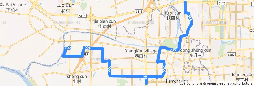 Mapa del recorrido 121路（欧洲工业园-俊怡花园） de la línea  en 禅城区 (Chancheng).
