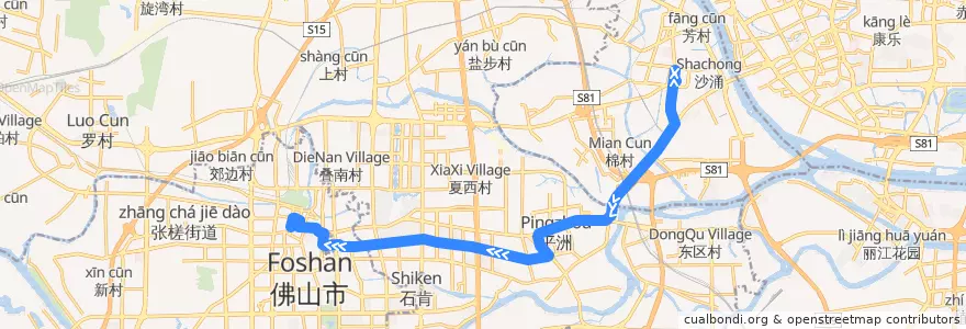 Mapa del recorrido 佛232B路（芳村客运站-松风路公交枢纽站） de la línea  en Гуандун.