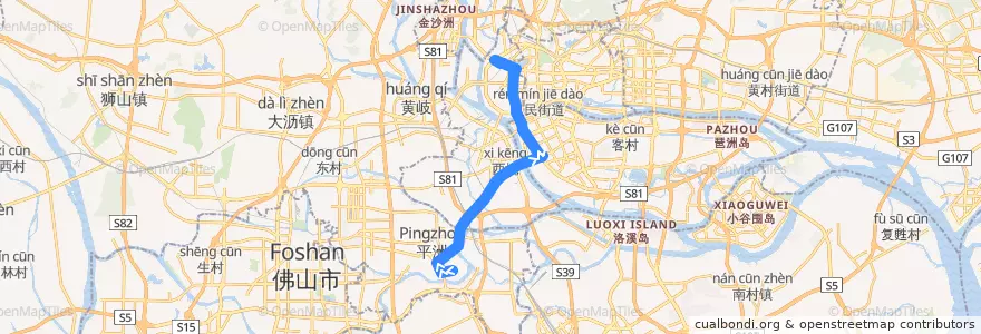 Mapa del recorrido 商务专线4路[平洲玉器街(翠宝园)总站-西场总站] de la línea  en Guangdong.
