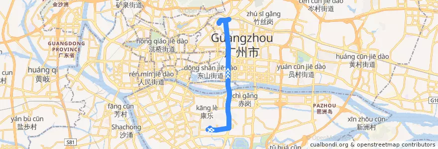 Mapa del recorrido 商务专线6路[逸景西路(珠江国际纺织城)总站-沙河大街总站] de la línea  en Guangzhou City.