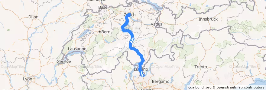Mapa del recorrido Flixbus 519: Rom, Tiburtina => Zürich HB (Carpark Sihlquai) de la línea  en Suíça.