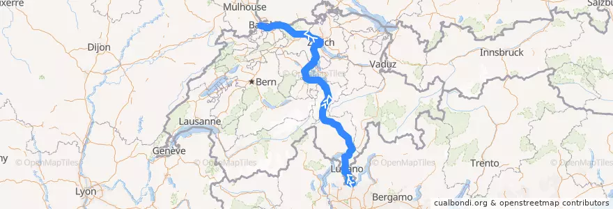 Mapa del recorrido Flixbus N524: Rom, Tiburtina => Basel, Bahnhof SBB de la línea  en Suiza.