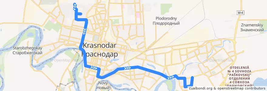 Mapa del recorrido Автобус №65: Ул. им. Симиренко => ул. им. Дмитрия Благоева de la línea  en Krasnodar Municipality.