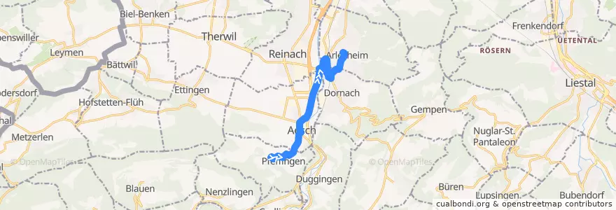 Mapa del recorrido Bus 65: Pfeffingen, Bergmattenweg => Arlesheim, Dorf de la línea  en Bezirk Arlesheim.