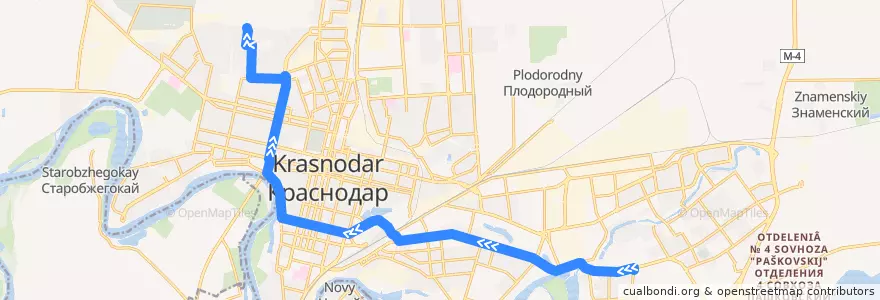 Mapa del recorrido Автобус №65: ул. им. Дмитрия Благоева => Ул. им. Симиренко de la línea  en Krasnodar Municipality.
