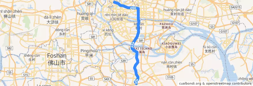 Mapa del recorrido 节假日公交专线2路[广州火车站(草暖公园)总站-大夫山北门] de la línea  en Guangzhou City.