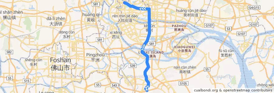 Mapa del recorrido 节假日公交专线2路[大夫山北门-广州火车站(草暖公园)总站] de la línea  en Гуанчжоу.