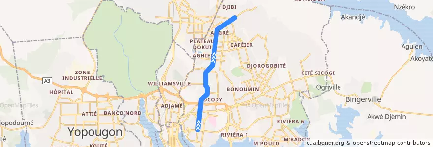 Mapa del recorrido woro woro : Saint Jean → Angré Château de la línea  en Cocody.