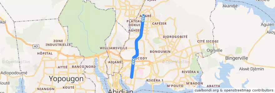 Mapa del recorrido woro woro : Angré Pétro Ivoire → Saint Jean de la línea  en Cocody.