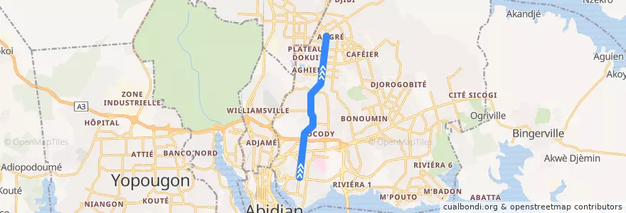Mapa del recorrido woro woro : Saint Jean → Angré Pétro Ivoire de la línea  en Cocody.