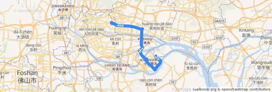 Mapa del recorrido 节假日公交专线5路[长洲岛(辛亥革命纪念馆)总站-动物园南门总站] de la línea  en Гуанчжоу.
