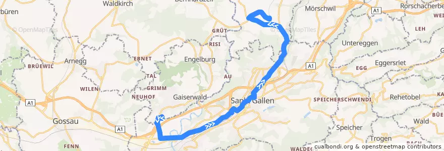 Mapa del recorrido Bus 4: Abtwil SG, Säntispark => Wittenbach, Bahnhof de la línea  en Wahlkreis St. Gallen.