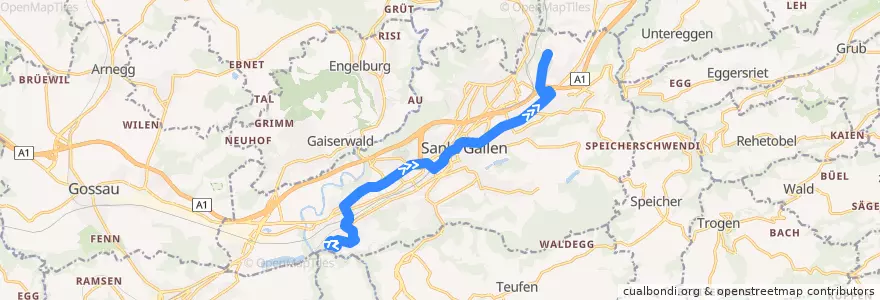 Mapa del recorrido Bus 2: Wolfganghof => Guggeien de la línea  en St. Gallen.