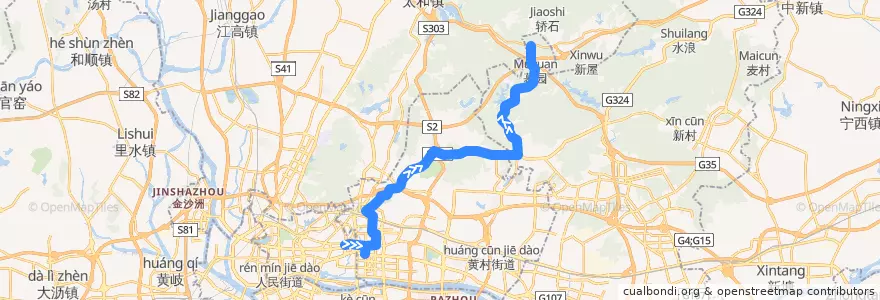 Mapa del recorrido 节假日公交专线7路[动物园南门总站-穗丰村(广东技术师范学院天河学院)总站] de la línea  en Guangzhou City.