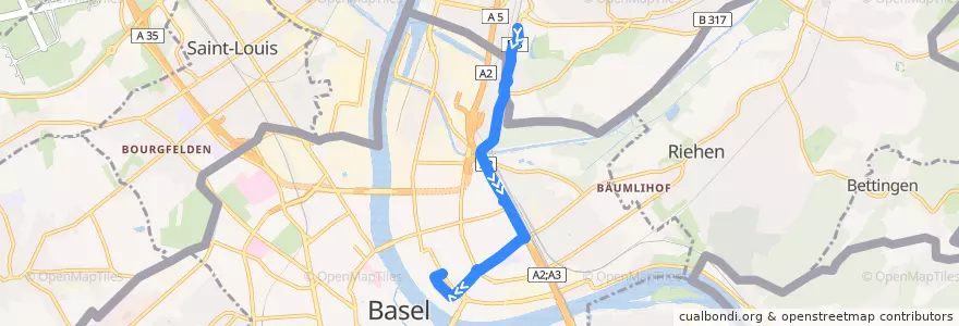 Mapa del recorrido Bus 55: Haltingen Bahnhof => Basel Claraplatz de la línea  en Basel.