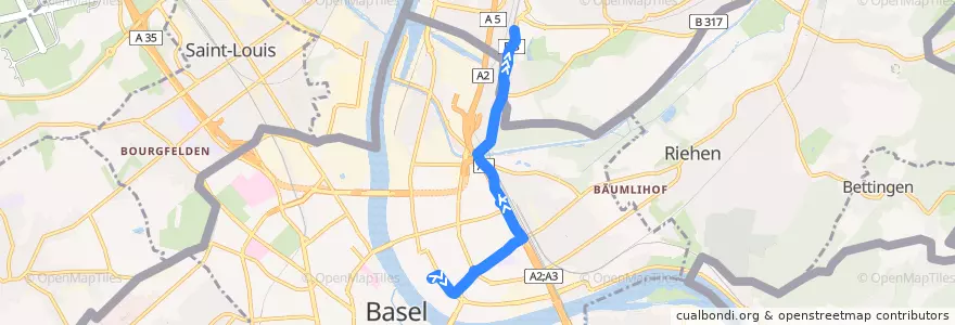 Mapa del recorrido Bus 55: Basel Claraplatz => Haltingen Bahnhof de la línea  en Bazel.