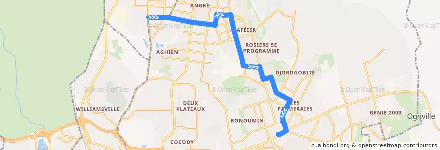 Mapa del recorrido woro woro : Mahou/Azur → palmeraie de la línea  en Cocody.