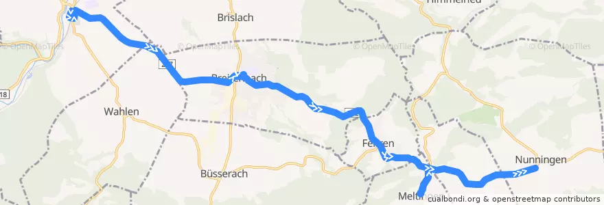 Mapa del recorrido Bus 111: Laufen, Bahnhof => Nunningen, Post de la línea  en Schweiz/Suisse/Svizzera/Svizra.