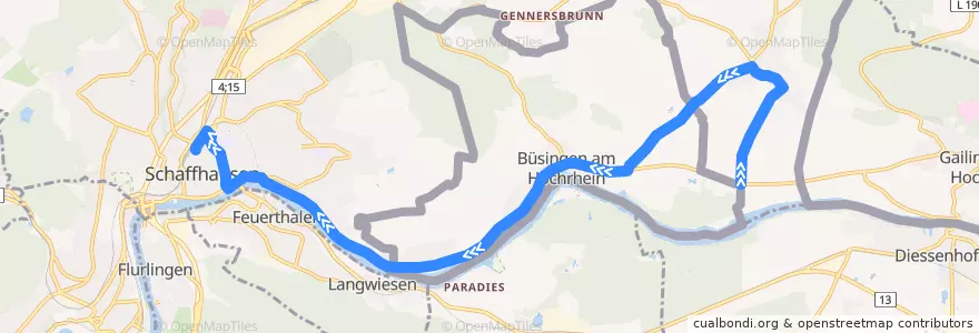 Mapa del recorrido Bus 25: Dörflingen, Laag => Schaffhausen, Bahnhof de la línea  en Switzerland.