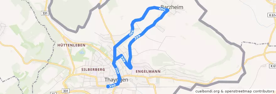 Mapa del recorrido Bus 24: Thayngen, Bahnhof => Barzheim, Dorf => Thayngen, Bahnhof [Rundkurs B] de la línea  en Thayngen.