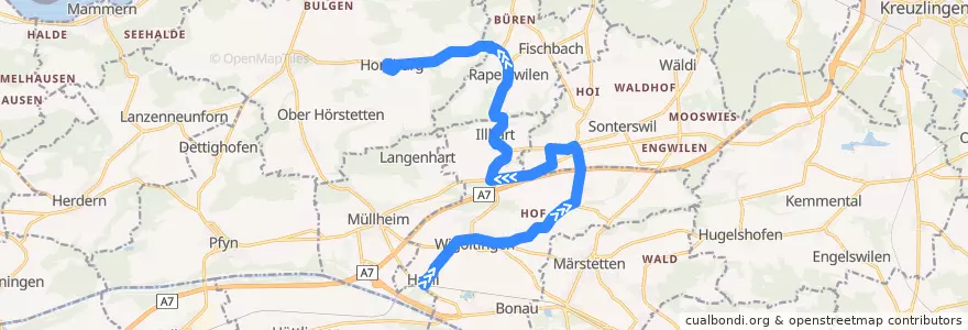 Mapa del recorrido Bus 832: Müllheim-Wigoltingen, Bahnhof => Homburg, Dorf de la línea  en Тургау.